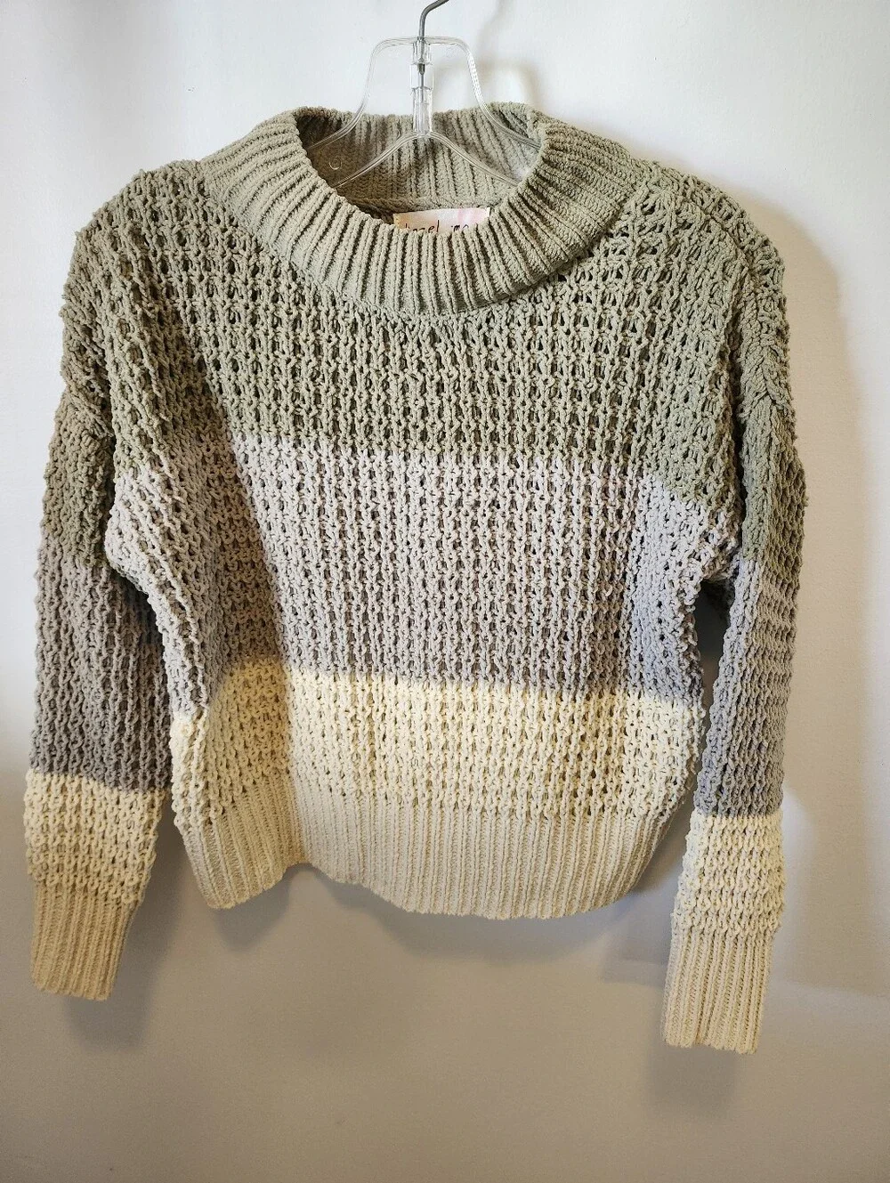 Hazel Moon Colorblock Knit Crewneck Sweater in Olive, Gray & Cream